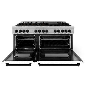 ZLINE Autograph Edition 60 in. 7.4 cu. ft. Legacy Dual Fuel Range with 9 Burner Gas Cooktop and 2 Electric Convection Ovens in Satin Stainless Steel with White Matte Doors and Matte Black Accents (RASZ-WM-60-MB) front, open.