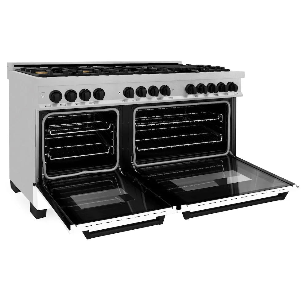 ZLINE Autograph Edition 60 in. 7.4 cu. ft. Legacy Dual Fuel Range with 9 Burner Gas Cooktop and 2 Electric Convection Ovens in Satin Stainless Steel with White Matte Doors and Matte Black Accents (RASZ-WM-60-MB) side, oven open.
