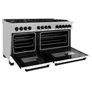 ZLINE Autograph Edition 60 in. 7.4 cu. ft. Legacy Dual Fuel Range with 9 Burner Gas Cooktop and 2 Electric Convection Ovens in Satin Stainless Steel with White Matte Doors and Matte Black Accents (RASZ-WM-60-MB) side, oven open.