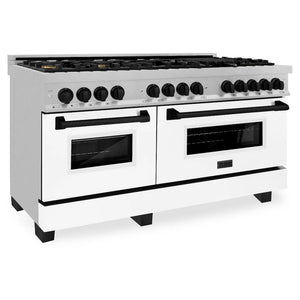 ZLINE Autograph Edition 60 in. 7.4 cu. ft. Legacy Dual Fuel Range with 9 Burner Gas Cooktop and 2 Electric Convection Ovens in Satin Stainless Steel with White Matte Doors and Matte Black Accents (RASZ-WM-60-MB) main image.