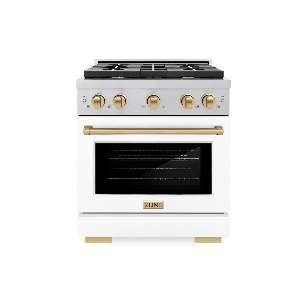 ZLINE Autograph Edition 30 in. 4.2 cu. ft. Paramount Dual Fuel Range with 4 Burner Gas Cooktop and Electric Convection Oven in Satin Stainless Steel with White Matte Door and Champagne Bronze Accents (SDRSZ-WM-30-CB) front.