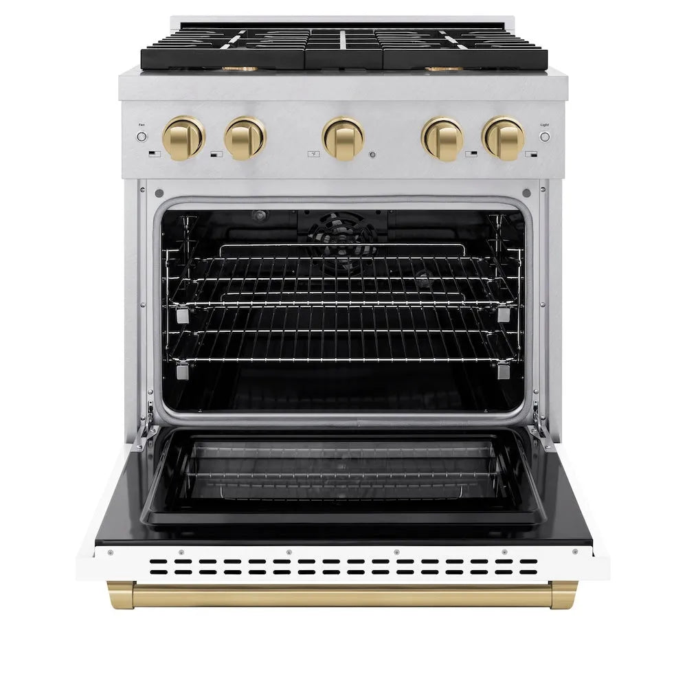 ZLINE Autograph Edition 30 in. 4.2 cu. ft. Paramount Dual Fuel Range with 4 Burner Gas Cooktop and Electric Convection Oven in Satin Stainless Steel with White Matte Door and Champagne Bronze Accents (SDRSZ-WM-30-CB) front, open.