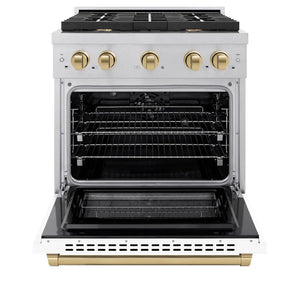 ZLINE Autograph Edition 30 in. 4.2 cu. ft. Paramount Dual Fuel Range with 4 Burner Gas Cooktop and Electric Convection Oven in Satin Stainless Steel with White Matte Door and Champagne Bronze Accents (SDRSZ-WM-30-CB) front, open.