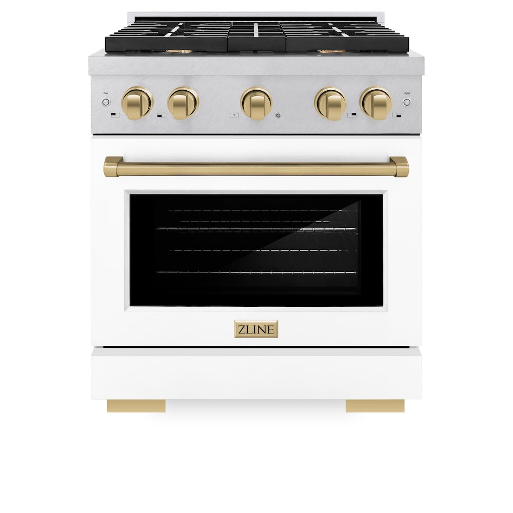 ZLINE Autograph Edition 30 in. 4.2 cu. ft. Paramount Dual Fuel Range with 4 Burner Gas Cooktop and Electric Convection Oven in Satin Stainless Steel with White Matte Door and Champagne Bronze Accents (SDRSZ-WM-30-CB) front, oven closed.