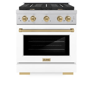ZLINE Autograph Edition 30 in. 4.2 cu. ft. Paramount Dual Fuel Range with 4 Burner Gas Cooktop and Electric Convection Oven in Satin Stainless Steel with White Matte Door and Champagne Bronze Accents (SDRSZ-WM-30-CB) front, oven closed.