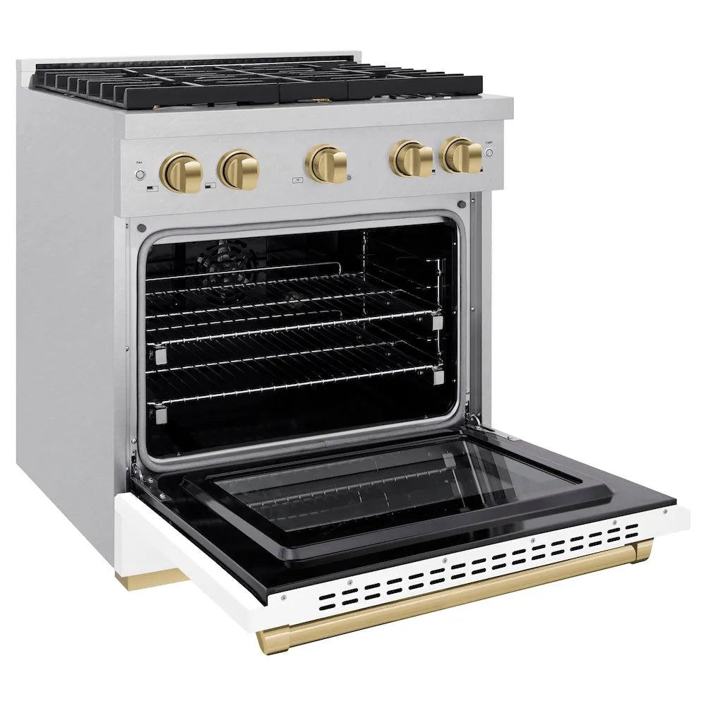 ZLINE Autograph Edition 30 in. 4.2 cu. ft. Paramount Dual Fuel Range with 4 Burner Gas Cooktop and Electric Convection Oven in Satin Stainless Steel with White Matte Door and Champagne Bronze Accents (SDRSZ-WM-30-CB) side, oven open.