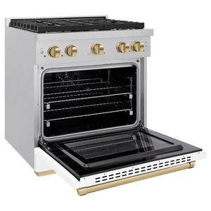 ZLINE Autograph Edition 30 in. 4.2 cu. ft. Paramount Dual Fuel Range with 4 Burner Gas Cooktop and Electric Convection Oven in Satin Stainless Steel with White Matte Door and Champagne Bronze Accents (SDRSZ-WM-30-CB) side, oven open.