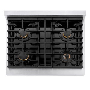 ZLINE Autograph Edition 30 in. 4.2 cu. ft. Paramount Dual Fuel Range with 4 Burner Gas Cooktop and Electric Convection Oven in Satin Stainless Steel with White Matte Door and Champagne Bronze Accents (SDRSZ-WM-30-CB) top down, above cooktop.