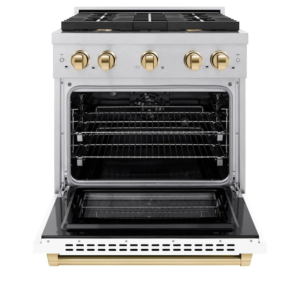 ZLINE Autograph Edition 30 in. 4.2 cu. ft. Paramount Dual Fuel Range with 4 Burner Gas Cooktop and Electric Convection Oven in Satin Stainless Steel with White Matte Door and Polished Gold Accents (SDRSZ-WM-30-G) front, open.