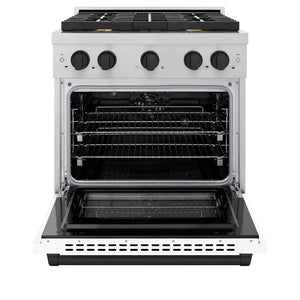 ZLINE Autograph Edition 36 in. 5.2 cu. ft. Paramount Dual Fuel Range with 6 Burner Gas Cooktop and Electric Convection Oven in Satin Stainless Steel with White Matte Door and Champagne Bronze Accents (SDRSZ-WM-36-CB) front, open.