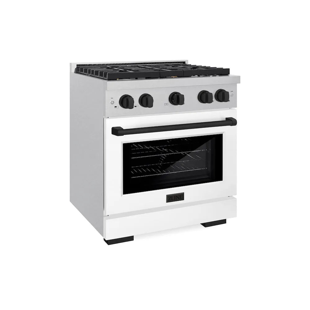 ZLINE Autograph Edition 30 in. 4.2 cu. ft. Paramount Dual Fuel Range with 4 Burner Gas Cooktop and Electric Convection Oven in Satin Stainless Steel with White Matte Door and Matte Black Accents (SDRSZ-WM-30-MB) main image.