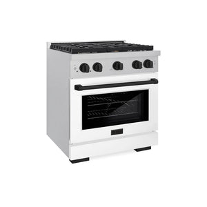 ZLINE Autograph Edition 30 in. 4.2 cu. ft. Paramount Dual Fuel Range with 4 Burner Gas Cooktop and Electric Convection Oven in Satin Stainless Steel with White Matte Door and Matte Black Accents (SDRSZ-WM-30-MB) main image.