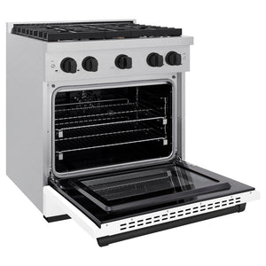 ZLINE Autograph Edition 36 in. 5.2 cu. ft. Paramount Dual Fuel Range with 6 Burner Gas Cooktop and Electric Convection Oven in Satin Stainless Steel with White Matte Door and Champagne Bronze Accents (SDRSZ-WM-36-CB) side, oven open.