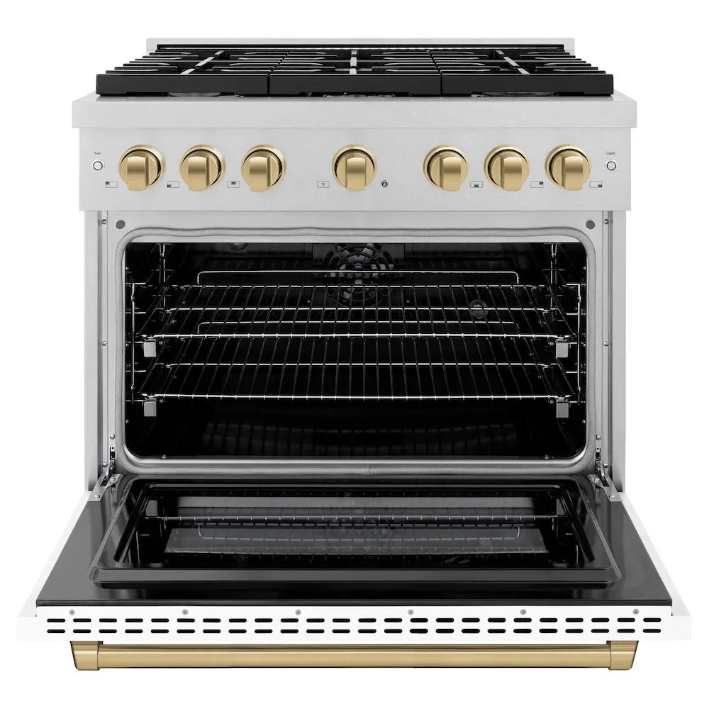 ZLINE Autograph Edition 36 in. 5.2 cu. ft. Paramount Dual Fuel Range with 6 Burner Gas Cooktop and Electric Convection Oven in Satin Stainless Steel with White Matte Door and Champagne Bronze Accents (SDRSZ-WM-36-CB) front, open.