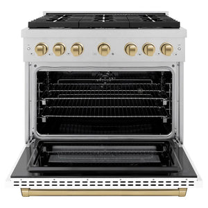 ZLINE Autograph Edition 36 in. 5.2 cu. ft. Paramount Dual Fuel Range with 6 Burner Gas Cooktop and Electric Convection Oven in Satin Stainless Steel with White Matte Door and Champagne Bronze Accents (SDRSZ-WM-36-CB) front, open.