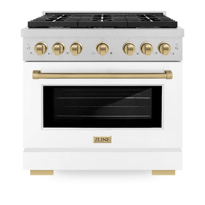 ZLINE Autograph Edition 36 in. 5.2 cu. ft. Paramount Dual Fuel Range with 6 Burner Gas Cooktop and Electric Convection Oven in Satin Stainless Steel with White Matte Door and Champagne Bronze Accents (SDRSZ-WM-36-CB) front, oven closed.