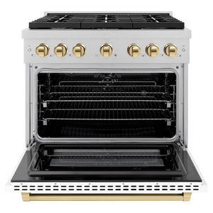 ZLINE Autograph Edition 36 in. 5.2 cu. ft. Paramount Dual Fuel Range with 6 Burner Gas Cooktop and Electric Convection Oven in Satin Stainless Steel with White Matte Door and Polished Gold Accents (SDRSZ-WM-36-G) front, open.