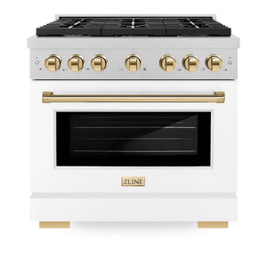 ZLINE Autograph Edition 36 in. 5.2 cu. ft. Paramount Dual Fuel Range with 6 Burner Gas Cooktop and Electric Convection Oven in Satin Stainless Steel with White Matte Door and Polished Gold Accents (SDRSZ-WM-36-G) front, oven closed.