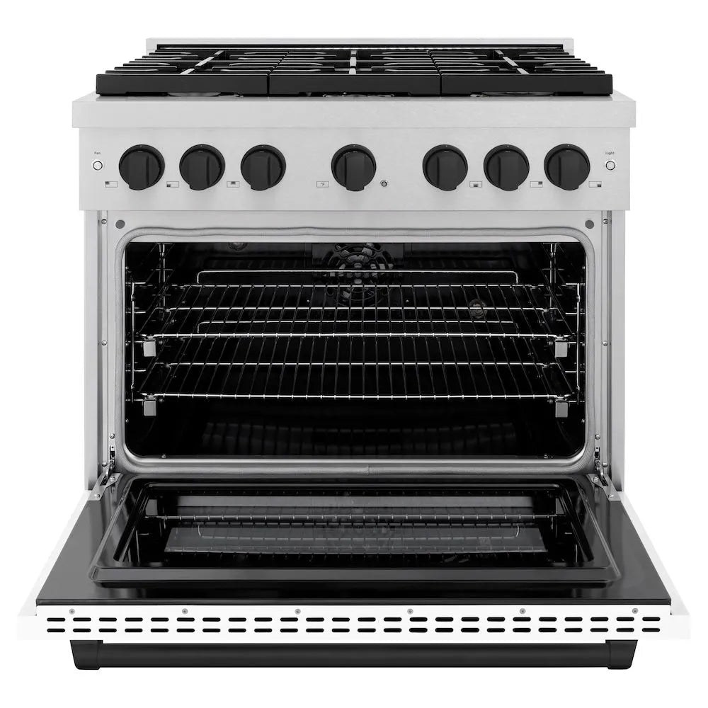 ZLINE Autograph Edition 36 in. 5.2 cu. ft. Paramount Dual Fuel Range with 6 Burner Gas Cooktop and Electric Convection Oven in Satin Stainless Steel with White Matte Door and Matte Black Accents (SDRSZ-WM-36-MB) front, open.