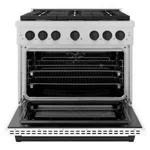 ZLINE Autograph Edition 36 in. 5.2 cu. ft. Paramount Dual Fuel Range with 6 Burner Gas Cooktop and Electric Convection Oven in Satin Stainless Steel with White Matte Door and Matte Black Accents (SDRSZ-WM-36-MB) front, open.