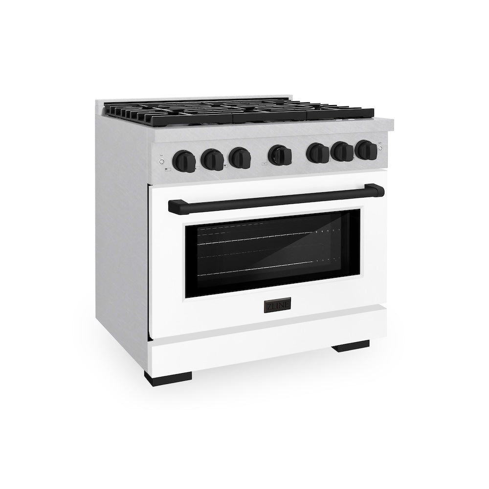 ZLINE Autograph Edition 36 in. 5.2 cu. ft. Paramount Dual Fuel Range with 6 Burner Gas Cooktop and Electric Convection Oven in Satin Stainless Steel with White Matte Door and Matte Black Accents (SDRSZ-WM-36-MB) side.