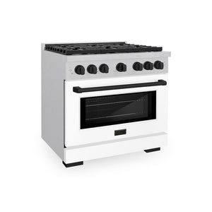 ZLINE Autograph Edition 36 in. 5.2 cu. ft. Paramount Dual Fuel Range with 6 Burner Gas Cooktop and Electric Convection Oven in Satin Stainless Steel with White Matte Door and Matte Black Accents (SDRSZ-WM-36-MB) side.
