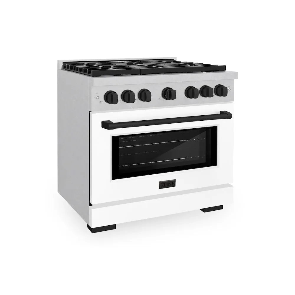 ZLINE Autograph Edition 36 in. 5.2 cu. ft. Paramount Dual Fuel Range with 6 Burner Gas Cooktop and Electric Convection Oven in Satin Stainless Steel with White Matte Door and Matte Black Accents (SDRSZ-WM-36-MB) main image.