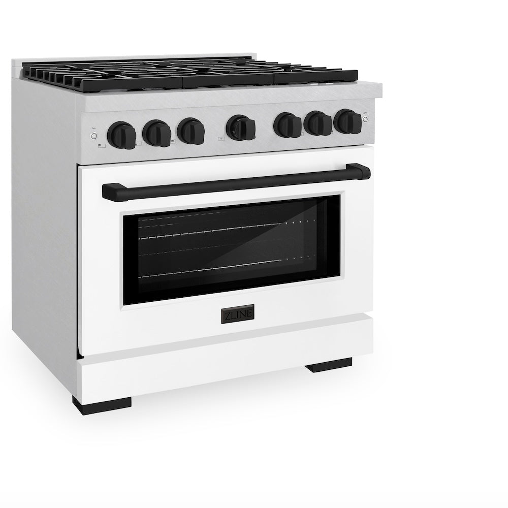 ZLINE Autograph Edition 36 in. 5.2 cu. ft. Paramount Dual Fuel Range with 6 Burner Gas Cooktop and Electric Convection Oven in Satin Stainless Steel with White Matte Door and Matte Black Accents (SDRSZ-WM-36-MB) side, oven closed.