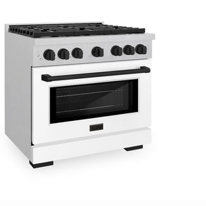 ZLINE Autograph Edition 36 in. 5.2 cu. ft. Paramount Dual Fuel Range with 6 Burner Gas Cooktop and Electric Convection Oven in Satin Stainless Steel with White Matte Door and Matte Black Accents (SDRSZ-WM-36-MB) side, oven closed.
