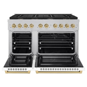 ZLINE Autograph Edition 48 in. 6.7 cu. ft. Paramount Double Oven Dual Fuel Range with 8 Burner Gas Cooktop in Satin Stainless Steel with White Matte Doors and Champagne Bronze Accents (SDRSZ-WM-48-CB) front, open.