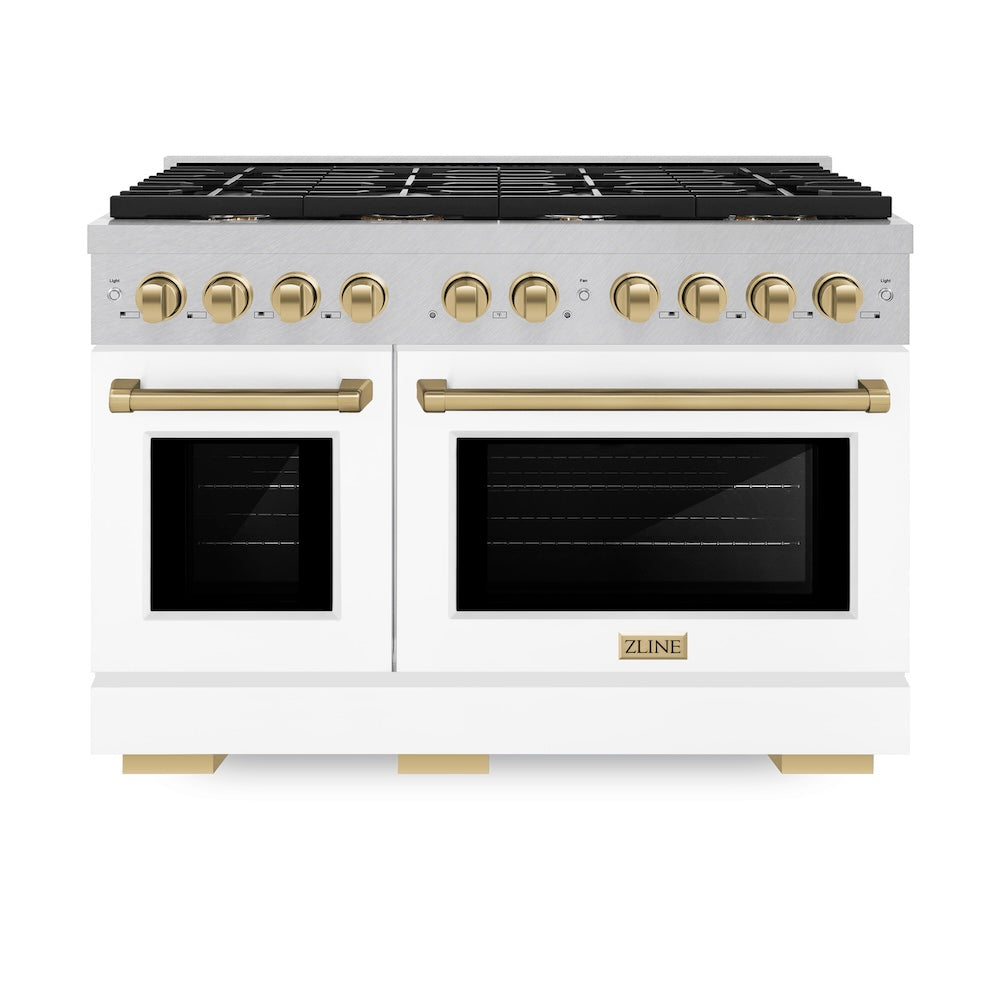 ZLINE Autograph Edition 48 in. 6.7 cu. ft. Paramount Double Oven Dual Fuel Range with 8 Burner Gas Cooktop in Satin Stainless Steel with White Matte Doors and Champagne Bronze Accents (SDRSZ-WM-48-CB) front, oven closed.