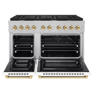 ZLINE Autograph Edition 48 in. 6.7 cu. ft. Paramount Double Oven Dual Fuel Range with 8 Burner Gas Cooktop in Satin Stainless Steel with White Matte Doors and Polished Gold Accents (SDRSZ-WM-48-G) front, open.