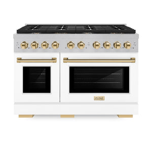 ZLINE Autograph Edition 48 in. 6.7 cu. ft. Paramount Double Oven Dual Fuel Range with 8 Burner Gas Cooktop in Satin Stainless Steel with White Matte Doors and Polished Gold Accents (SDRSZ-WM-48-G) front, oven closed.