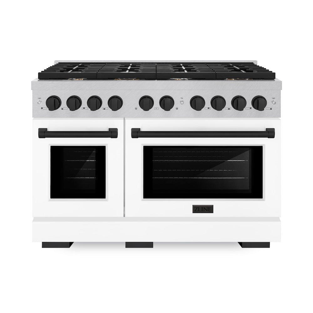 ZLINE Autograph Edition 48 in. 6.7 cu. ft. Paramount Double Oven Dual Fuel Range with 8 Burner Gas Cooktop in Satin Stainless Steel with White Matte Doors and Matte Black Accents (SDRSZ-WM-48-MB) front.