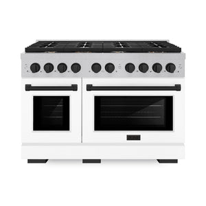 ZLINE Autograph Edition 48 in. 6.7 cu. ft. Paramount Double Oven Dual Fuel Range with 8 Burner Gas Cooktop in Satin Stainless Steel with White Matte Doors and Matte Black Accents (SDRSZ-WM-48-MB) front.