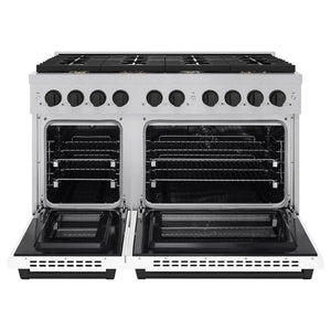 ZLINE Autograph Edition 48 in. 6.7 cu. ft. Paramount Double Oven Dual Fuel Range with 8 Burner Gas Cooktop in Satin Stainless Steel with White Matte Doors and Matte Black Accents (SDRSZ-WM-48-MB) front, oven open.