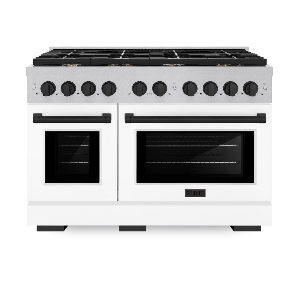 ZLINE Autograph Edition 48 in. 6.7 cu. ft. Paramount Double Oven Dual Fuel Range with 8 Burner Gas Cooktop in Satin Stainless Steel with White Matte Doors and Matte Black Accents (SDRSZ-WM-48-MB) front.