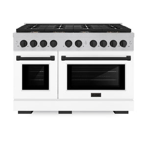 ZLINE Autograph Edition 48 in. 6.7 cu. ft. Paramount Double Oven Dual Fuel Range with 8 Burner Gas Cooktop in Satin Stainless Steel with White Matte Doors and Matte Black Accents (SDRSZ-WM-48-MB) front.