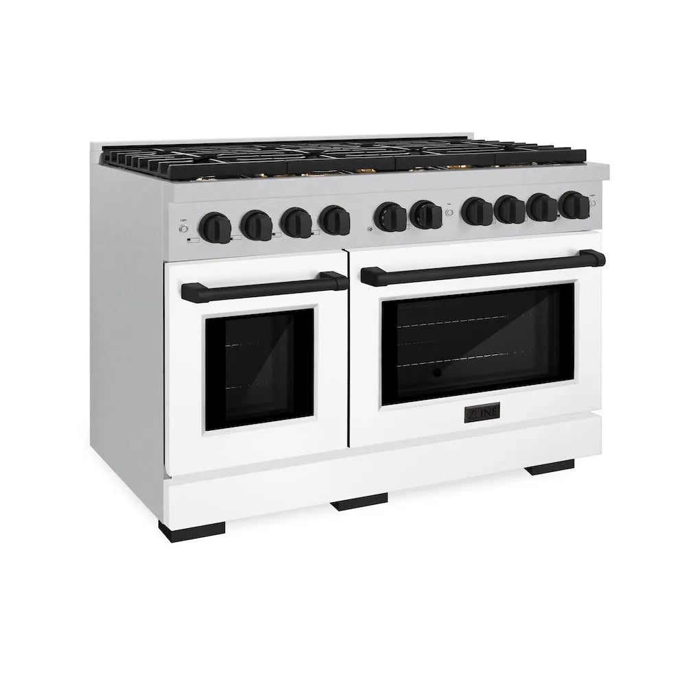 ZLINE Autograph Edition 48 in. 6.7 cu. ft. Paramount Double Oven Dual Fuel Range with 8 Burner Gas Cooktop in Satin Stainless Steel with White Matte Doors and Matte Black Accents (SDRSZ-WM-48-MB) main image.