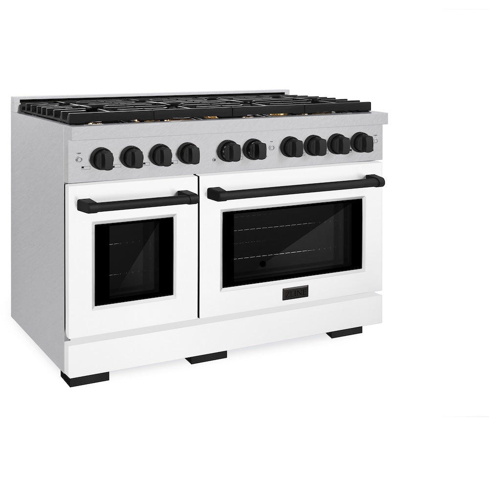 ZLINE Autograph Edition 48 in. 6.7 cu. ft. Paramount Double Oven Dual Fuel Range with 8 Burner Gas Cooktop in Satin Stainless Steel with White Matte Doors and Matte Black Accents (SDRSZ-WM-48-MB) side.