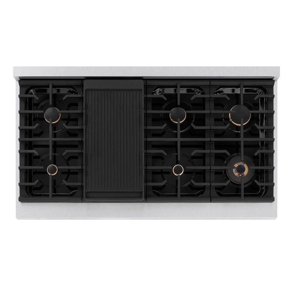 ZLINE Autograph Edition 48 in. 6.7 cu. ft. Paramount Double Oven Dual Fuel Range with 8 Burner Gas Cooktop in Satin Stainless Steel with White Matte Doors and Matte Black Accents (SDRSZ-WM-48-MB) top-down, above cooktop.