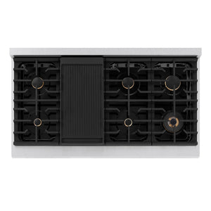 ZLINE Autograph Edition 48 in. 6.7 cu. ft. Paramount Double Oven Dual Fuel Range with 8 Burner Gas Cooktop in Satin Stainless Steel with White Matte Doors and Matte Black Accents (SDRSZ-WM-48-MB) top-down, above cooktop.
