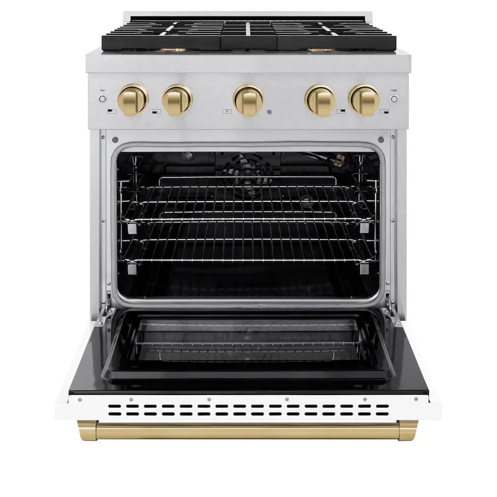 ZLINE Autograph Edition 30 in. 4.2 cu. ft. Paramount Gas Range with 4 Burner Cooktop and Convection Gas Oven in Satin Stainless Steel with White Matte Door and Champagne Bronze Accents (SGRSZ-WM-30-CB) front, open.
