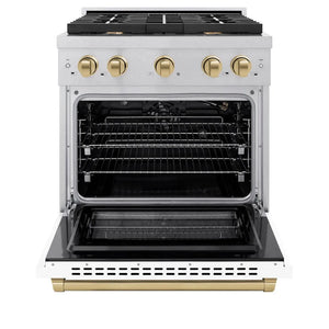 ZLINE Autograph Edition 30 in. 4.2 cu. ft. Paramount Gas Range with 4 Burner Cooktop and Convection Gas Oven in Satin Stainless Steel with White Matte Door and Champagne Bronze Accents (SGRSZ-WM-30-CB) front, open.