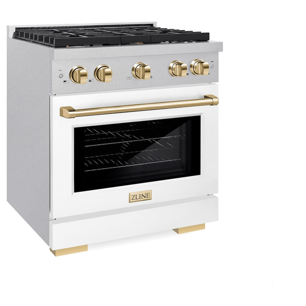 ZLINE Autograph Edition 30 in. 4.2 cu. ft. 4 Burner Paramount Gas Range with Convection Gas Oven in Satin Stainless Steel with White Matte Door and Polished Gold Accents (SGRSZ-WM-30-G) side, oven closed.