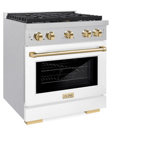 ZLINE Autograph Edition 30 in. 4.2 cu. ft. 4 Burner Paramount Gas Range with Convection Gas Oven in Satin Stainless Steel with White Matte Door and Polished Gold Accents (SGRSZ-WM-30-G) side, oven closed.