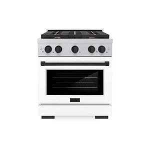 ZLINE Autograph Edition 30 in. 4.2 cu. ft. Paramount Gas Range with 4 Burner Cooktop and Convection Gas Oven in Satin Stainless Steel with White Matte Door and Matte Black Accents (SGRSZ-WM-30-MB) front.