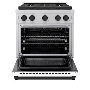 ZLINE Autograph Edition 30 in. 4.2 cu. ft. Paramount Gas Range with 4 Burner Cooktop and Convection Gas Oven in Satin Stainless Steel with White Matte Door and Matte Black Accents (SGRSZ-WM-30-MB) front, open.