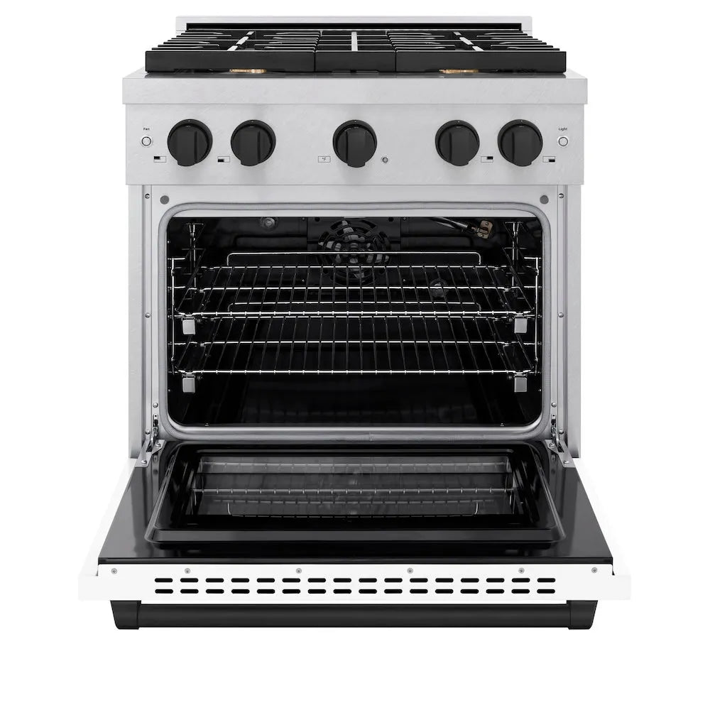 ZLINE Autograph Edition 30 in. 4.2 cu. ft. Paramount Gas Range with 4 Burner Cooktop and Convection Gas Oven in Satin Stainless Steel with White Matte Door and Matte Black Accents (SGRSZ-WM-30-MB) front, open.