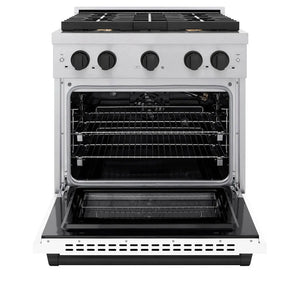 ZLINE Autograph Edition 30 in. 4.2 cu. ft. Paramount Gas Range with 4 Burner Cooktop and Convection Gas Oven in Satin Stainless Steel with White Matte Door and Matte Black Accents (SGRSZ-WM-30-MB) front, open.